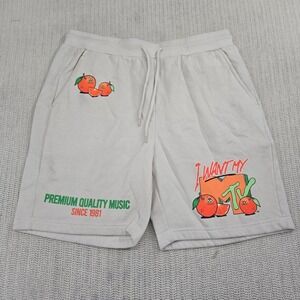 MTV Shorts Mens Medium Ivory Graphic Hip Hop Streetwear AOP Music Television